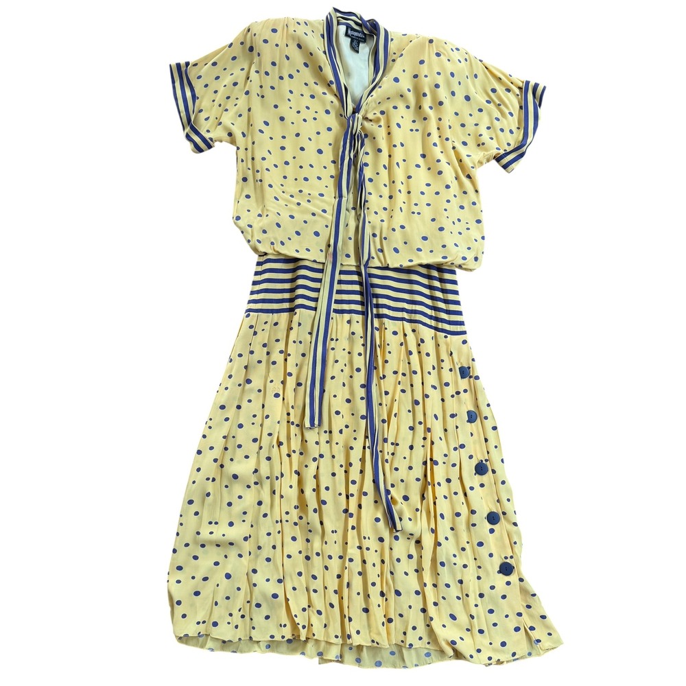 Margaret's Vintage 80s Polka Dot Dress Drop Waist Sailor Midi Yellow Blue Stripe